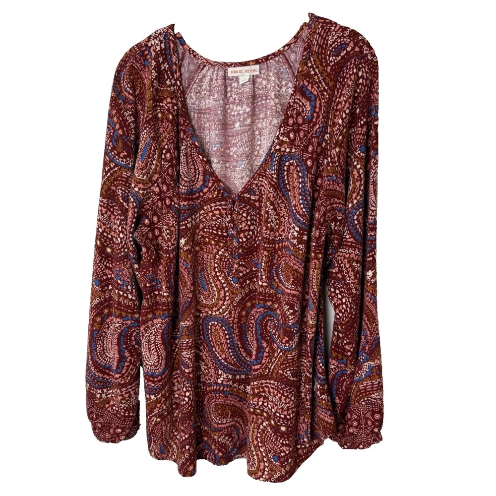 Knox Rose Blouse Size Large Top V-Neck Long Sleeves Paisley Maroon Red Pink